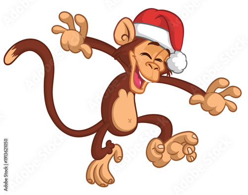 Cartoon funny brown monkey chimpanzee wearing Santa hat. Vector illustration for Christmas or New Year party