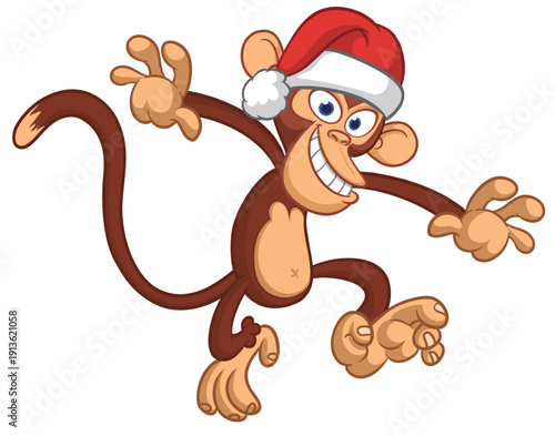 Cartoon funny brown monkey chimpanzee wearing Santa hat. Vector illustration for Christmas or New Year party