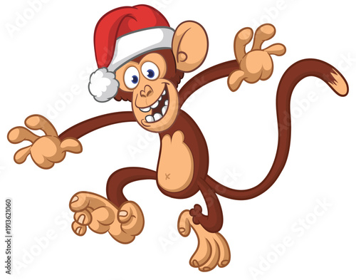 Cartoon funny brown monkey chimpanzee wearing Santa hat. Vector illustration for Christmas or New Year party