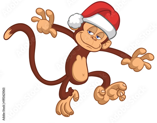 Cartoon funny brown monkey chimpanzee wearing Santa hat. Vector illustration for Christmas or New Year party