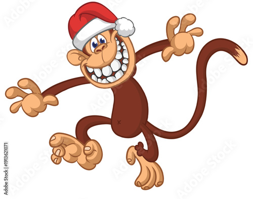 Cartoon funny brown monkey chimpanzee wearing Santa hat. Vector illustration for Christmas or New Year party