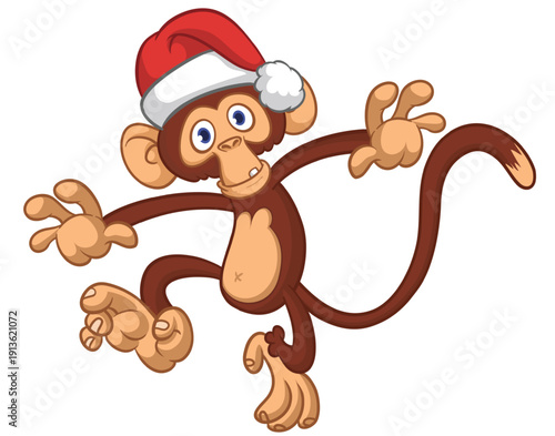 Cartoon funny brown monkey chimpanzee wearing Santa hat. Vector illustration for Christmas or New Year party