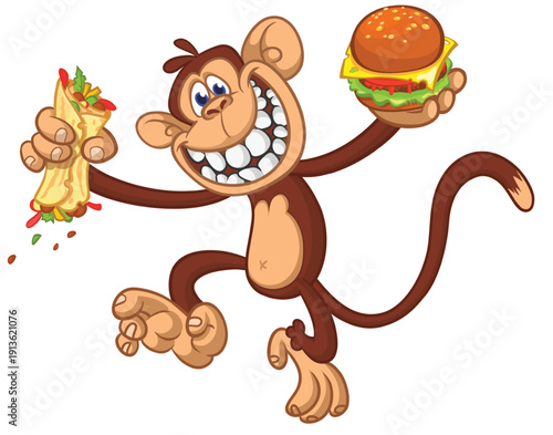 Cartoon funny monkey chimpanzee holding hamburger or cheeseburger or falafel in his hands. Vector illustration of happy monkey character design isolated.