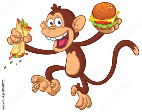 Cartoon funny monkey chimpanzee holding hamburger or cheeseburger or falafel in his hands. Vector illustration of happy monkey character design isolated.