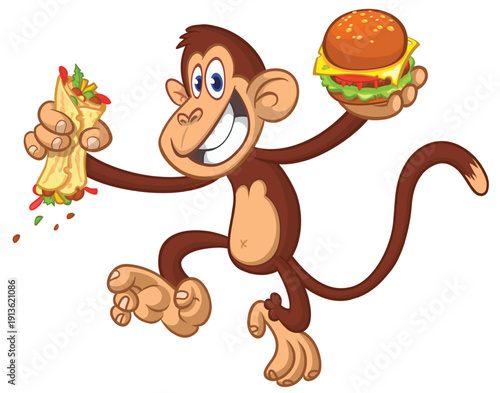 Cartoon funny monkey chimpanzee holding hamburger or cheeseburger or falafel in his hands. Vector illustration of happy monkey character design isolated.