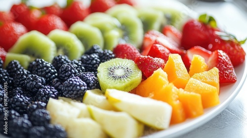 Fresh fruit platter with strawberries kiwi blackberries and melon on white plate with healthy food and delicious and appetizing