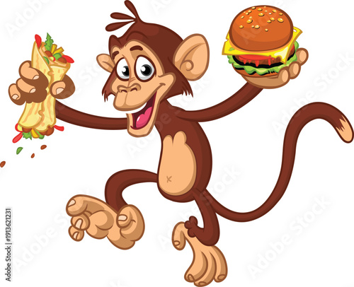 Cartoon funny monkey chimpanzee holding hamburger or cheeseburger or falafel in his hands. Vector illustration of happy monkey character design isolated.