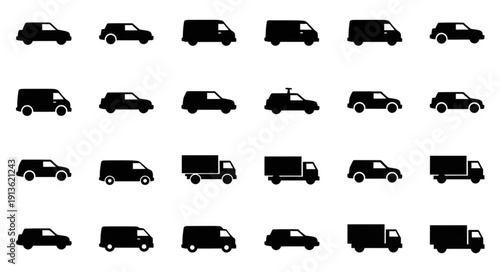 Collection of black vehicle silhouettes on white background.