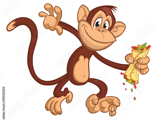 Cartoon funny monkey chimpanzee holding kebab or falafel in his hands. Vector illustration of happy monkey character design isolated.