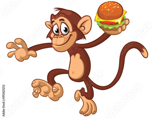 Cartoon funny monkey chimpanzee holding hamburger or cheeseburger or falafel in his hands. Vector illustration of happy monkey character design isolated.