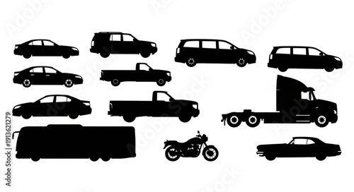 Collection of Black Vehicle Silhouettes on White Background.
