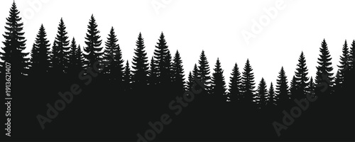 Pine forest silhouette landscape with dense evergreen trees, black woodland skyline border isolated on white background, natural conifer tree horizon vector illustration