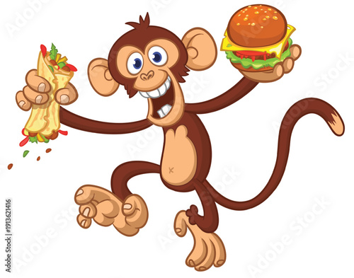 Cartoon funny monkey chimpanzee holding hamburger or cheeseburger or falafel in his hands. Vector illustration of happy monkey character design isolated.