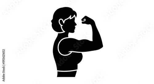 Vector illustration of a black silhouette depicting a young woman, girl, and sporty person with muscle outlines in a creative cartoon drawing art style