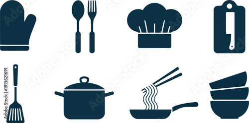 Comprehensive collection of cooking and kitchen tools, showing a chef hat, pot, and essential utensils