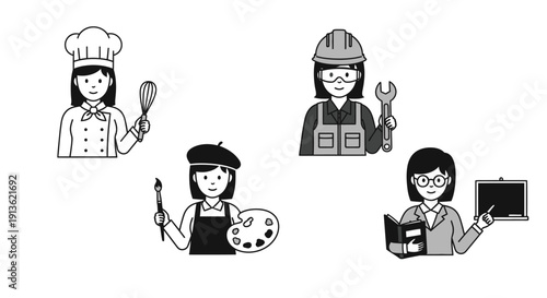 Cartoon vector illustration set featuring a group of people including a waiter with a tray, a man, a woman, and a happy family with a child and baby character icons