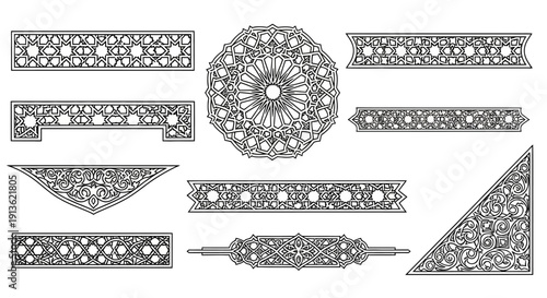 Ornate set of vintage design elements featuring seamless floral patterns, lace borders, and decorative retro frames for elegant vector illustration art