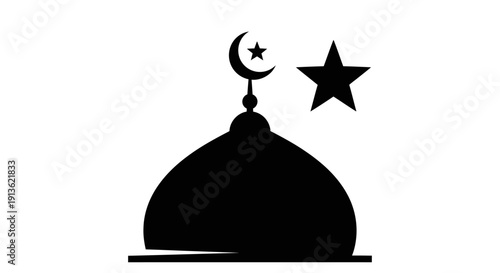 Silhouettes of a man and a woman in a scarf stand before a domed mosque and church architecture under a sky with food icons and a restaurant menu logo