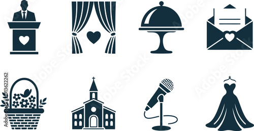 Comprehensive collection of wedding celebration icons including a church, bridal gown, and romantic details