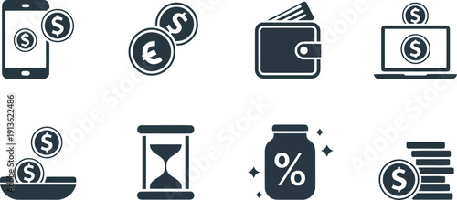 Comprehensive financial and money management icons featuring digital payments, currency exchange, and savings mechanisms