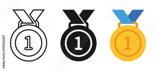 Medal icon. Simple 1st place award symbol with gold medal sign. Transparent PNG and vector illustration