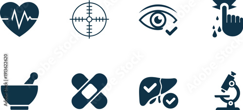 Comprehensive set of medical and healthcare icons for diagnostics, treatment, and scientific laboratory practices