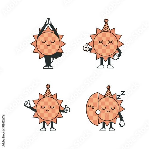 Cute sun characters celebrating and sleeping with party hats on a white background