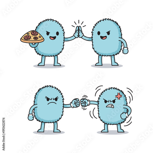 Cartoon characters fighting over pizza with angry and friendly gestures