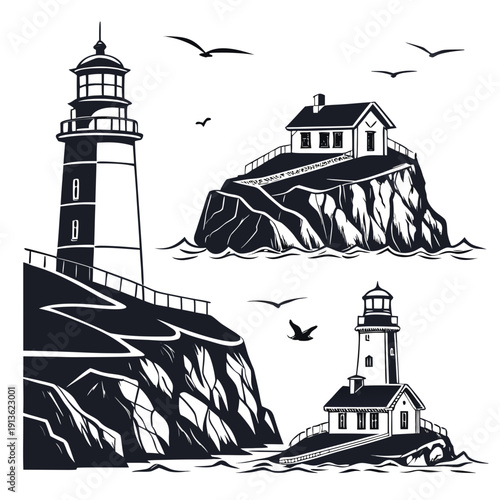 A black and white drawing of two lighthouses on rocks