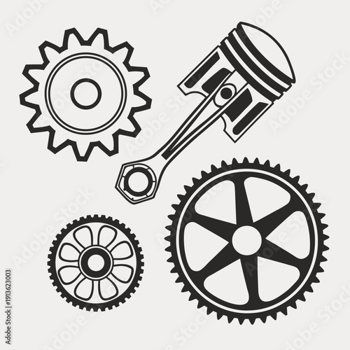 Mechanical components including gears and piston