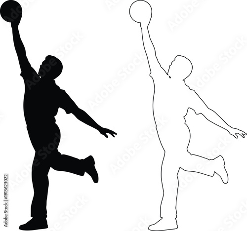 Two silhouettes demonstrating dynamic volleyball player movements during a game.