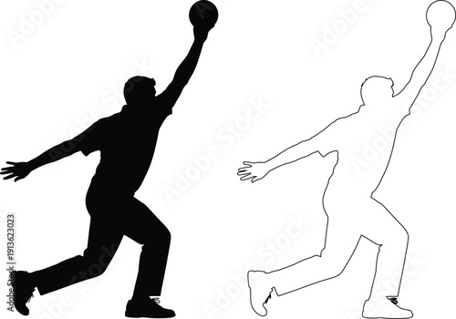 Two silhouettes demonstrating a dynamic baseball pitch and catch in action poses.