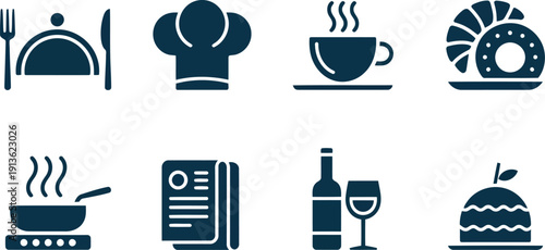 Dark blue monochrome icons show a covered serving dish, chef hat, hot coffee, and cooking pan