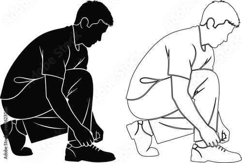 Two individuals demonstrating proper shoe tying techniques while kneeling down.