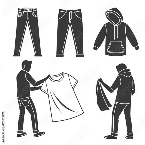 A set of clothing items and people wearing them