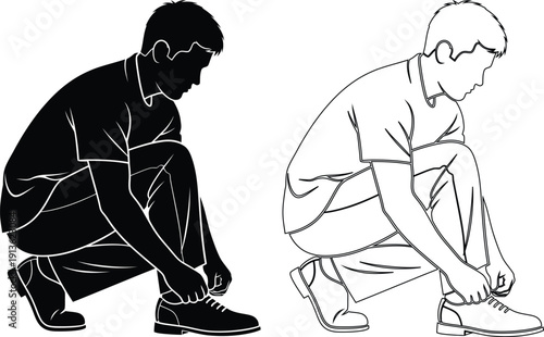 Two individuals demonstrating proper shoe tying and lacing techniques while kneeling.