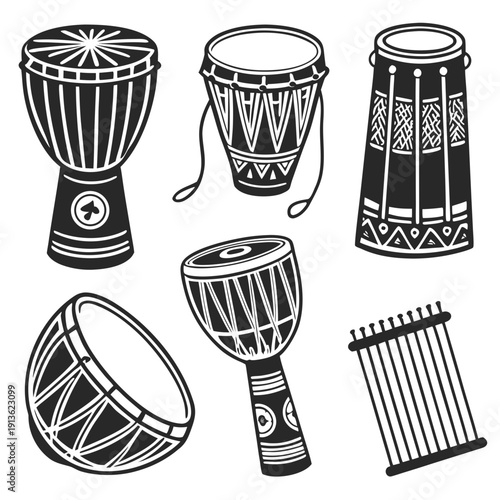 A group of different drums and a xylophone
