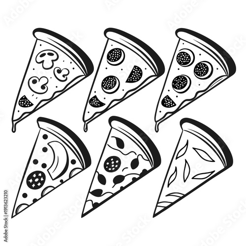 A set of six slices of pizza with different toppings