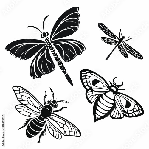 A group of insects including a butterfly a moth a bee and a dragonfly