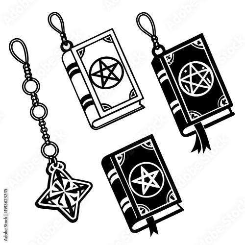 Witchcraft themed keychains featuring pentagram symbols