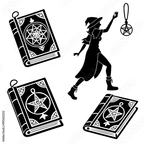 A wizard holding a pentagram pendant among magic books