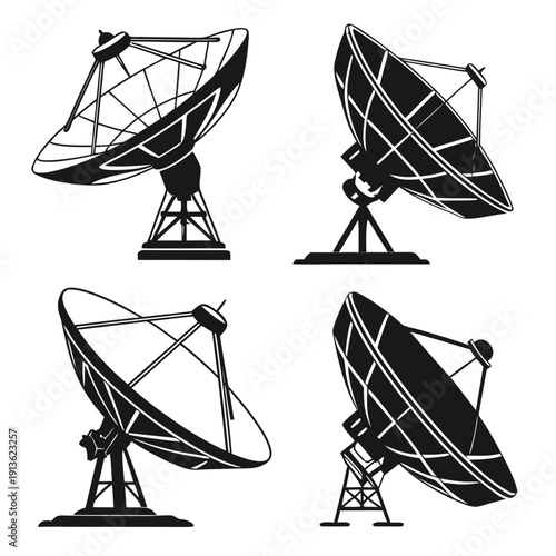 Four different satellite dishes on various mounts