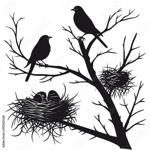 Two birds sitting on a tree branch with a nest