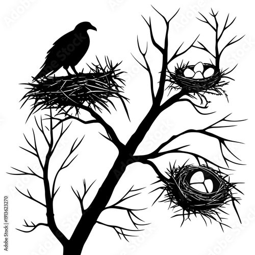 A bird perched on a nest in a bare tree