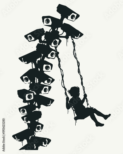 Child Swinging from Surveillance Cameras Stencil Art