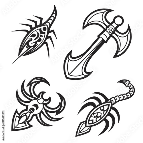 A group of tattoo designs featuring scorpions and axes