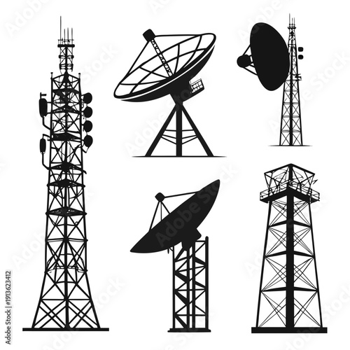 A group of black and white images of different types of communication towers