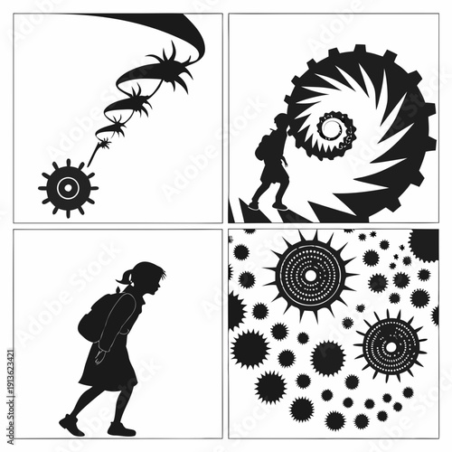 A collage of four black and white images with various shapes and a person