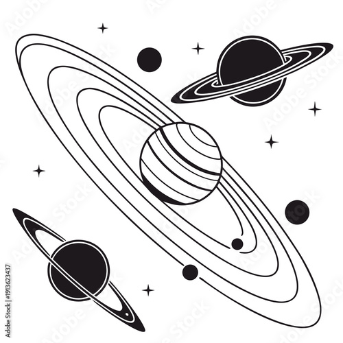 A black and white drawing of planets and rings in space