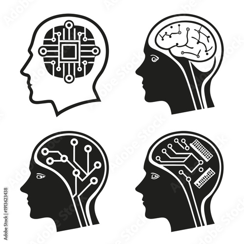 Four black and white heads with circuit boards and brains